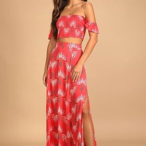 Lulus Trancoso coral floral print two-piece maxi dress